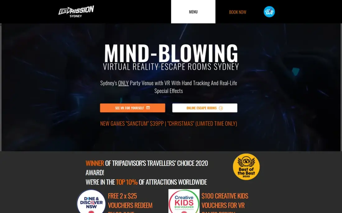 The Entermission website, VR escape rooms in Sydney and Melbourne, Australia, built by Massive Impact.