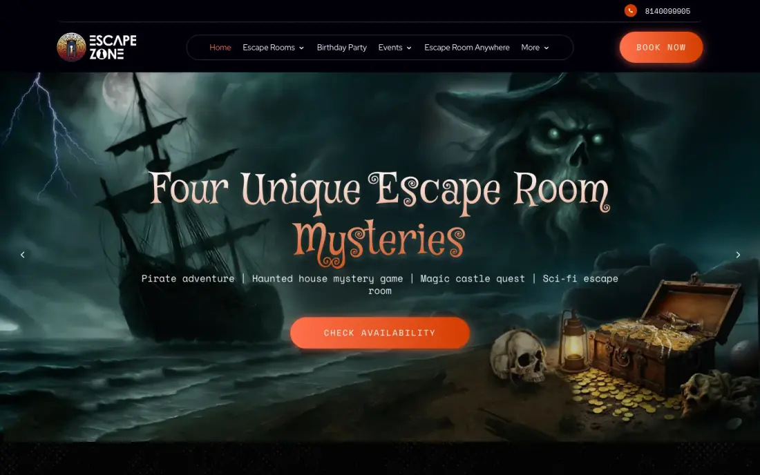 The Escape Zone website, an escape room in Ahmedabad, India, built by Massive Impact.