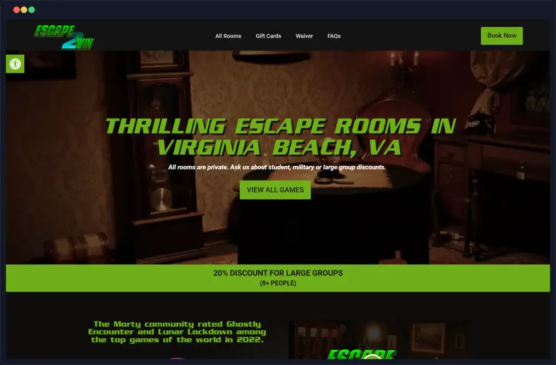 The Escape2Win website, escape rooms, built by Massive Impact.