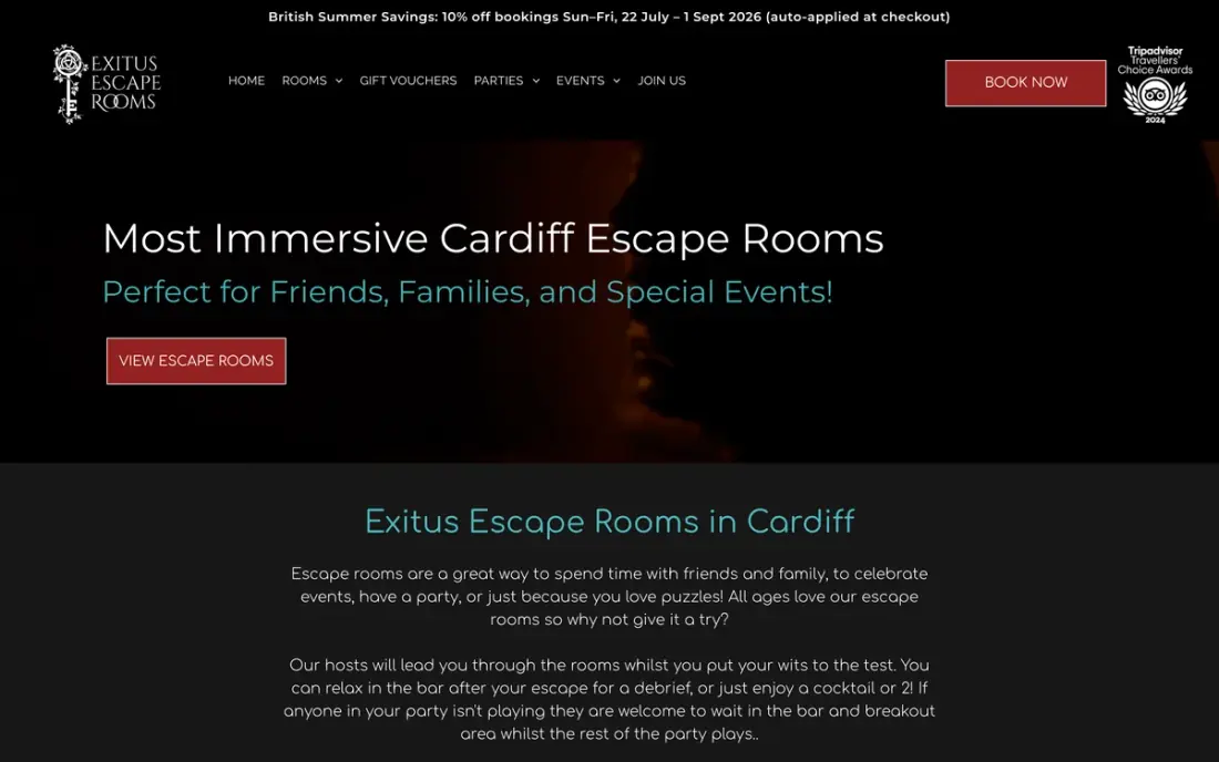 The Exitus Escape Rooms website in Cardiff. Massive Impact ran their marketing.