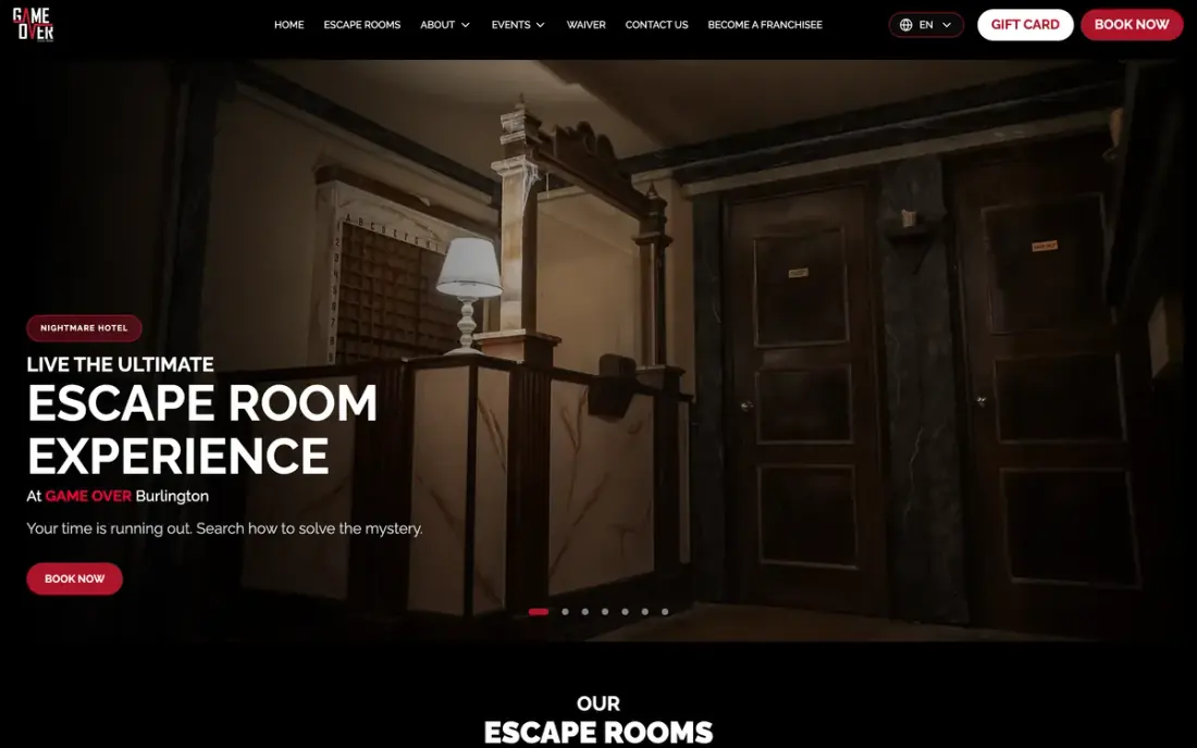The Game Over Escape Rooms Burlington website. Massive Impact ran their ads and tracking.