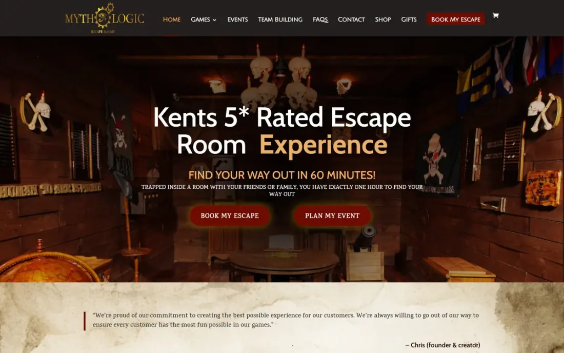 The Mythologic Escape Rooms website, built by Massive Impact.