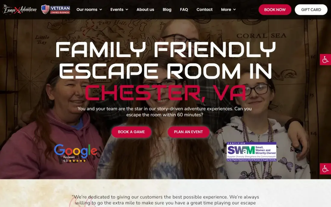 The Escape Adventures website, an escape room in Chester, Virginia, built by Massive Impact.