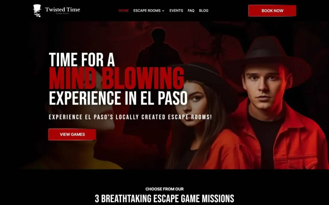 The Twisted Time escape room website, built by Massive Impact.