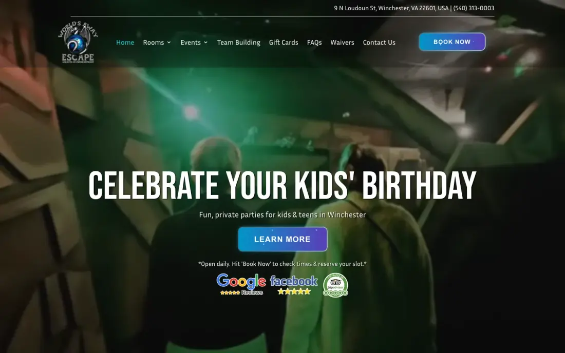 The Worlds Away Escape website, an escape room in Winchester, Virginia, built by Massive Impact.