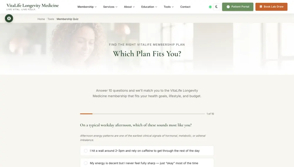 The VitaLife membership quiz, a lead-capture tool that matches visitors to a Direct Primary Care plan.
